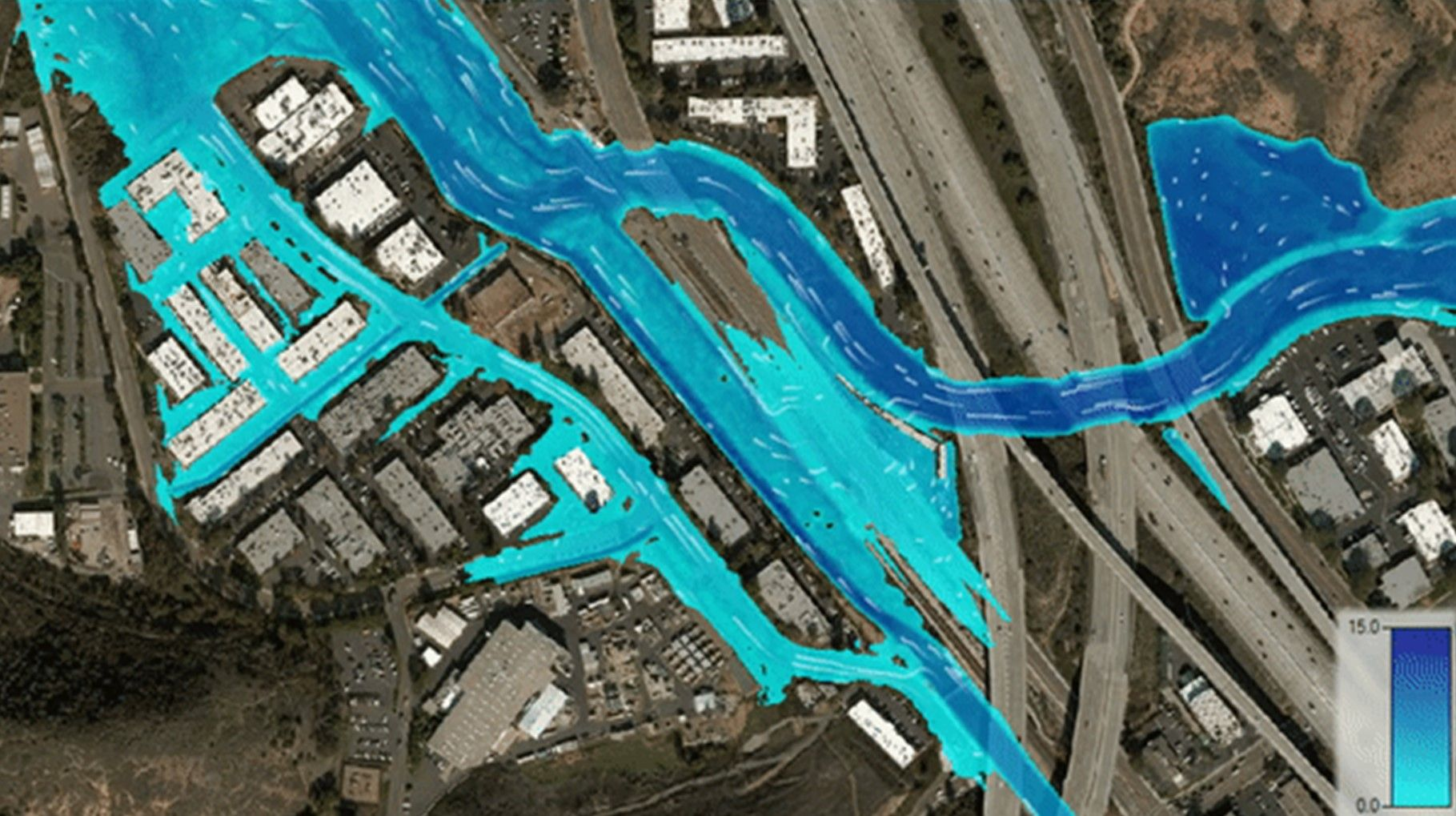 Flood simulation overlay on satellite imagery