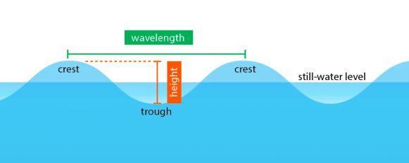 Wavelength, crest, trough and height of a water wave